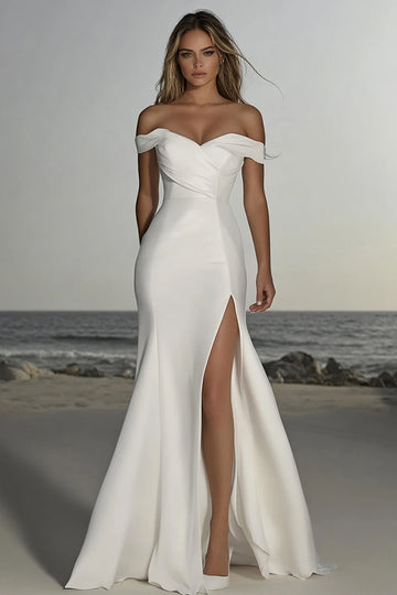 Satin froncé épaule sirène sirène ivoire robe de mariée avec fente